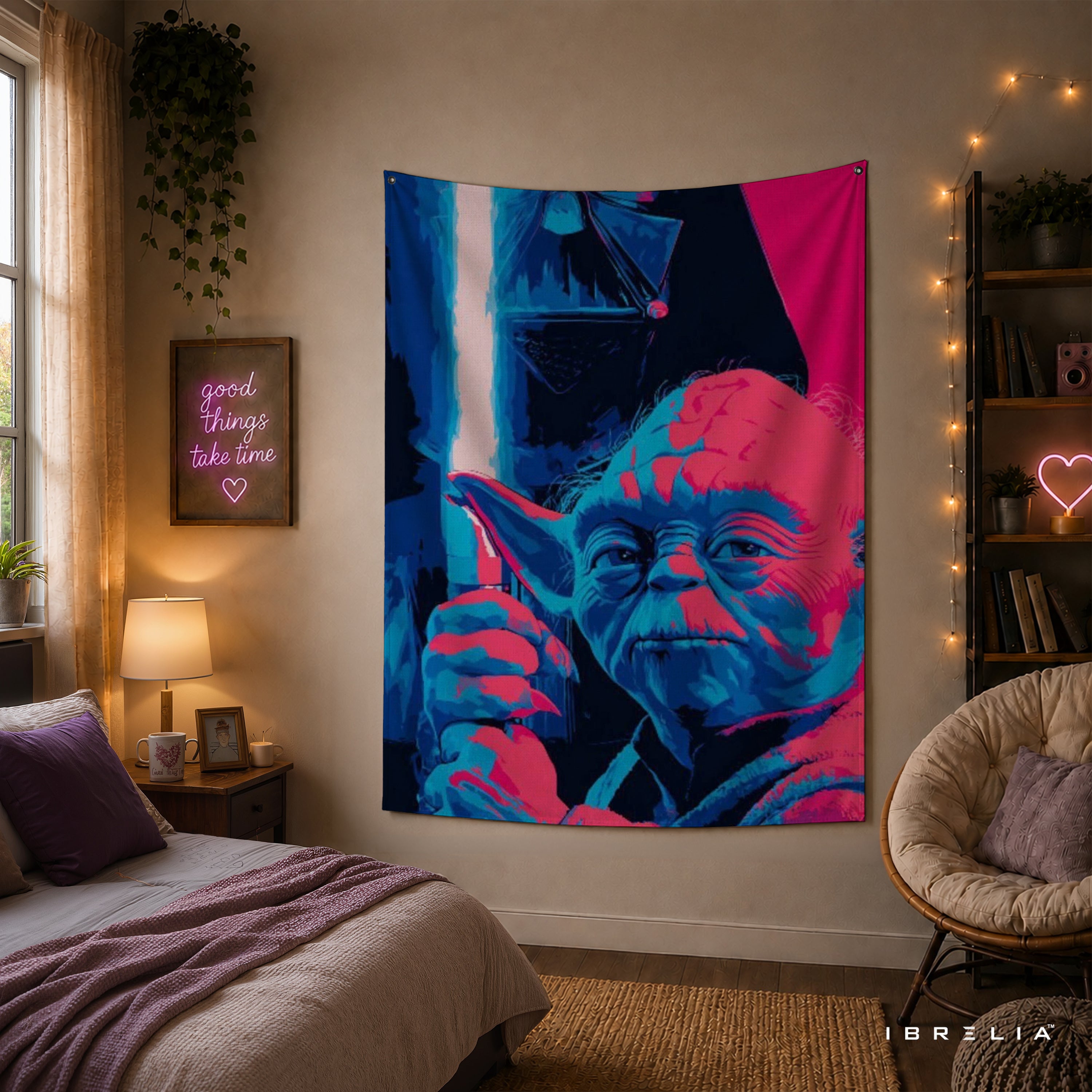 Yoda & Darth Vader Neon Pop Art Wall Tapestry – Star Wars Sci-Fi Wall Hanging