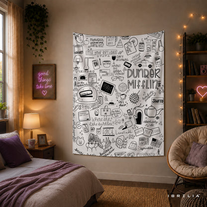 The Office Dunder Mifflin Doodle Wall Tapestry | Premium Heavyweight Jute Fabric Wall Hanging