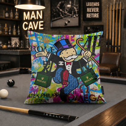 Mr. Monopoly Luxury Shopping Pop Art Cushion | Premium Velvet Suede | Double-Sided Print