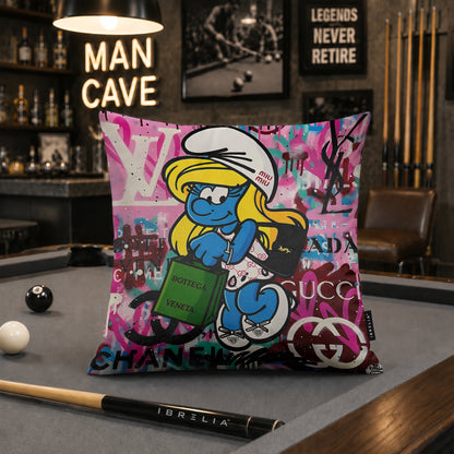 Smurfette Luxury Shopping Pop Art Cushion | Premium Velvet Suede | Double-Sided Print