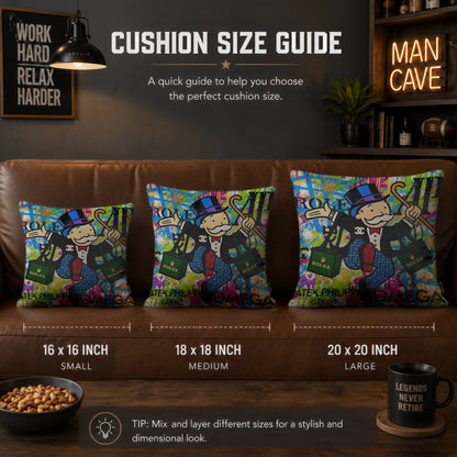Mr. Monopoly Luxury Shopping Pop Art Cushion | Premium Velvet Suede | Double-Sided Print