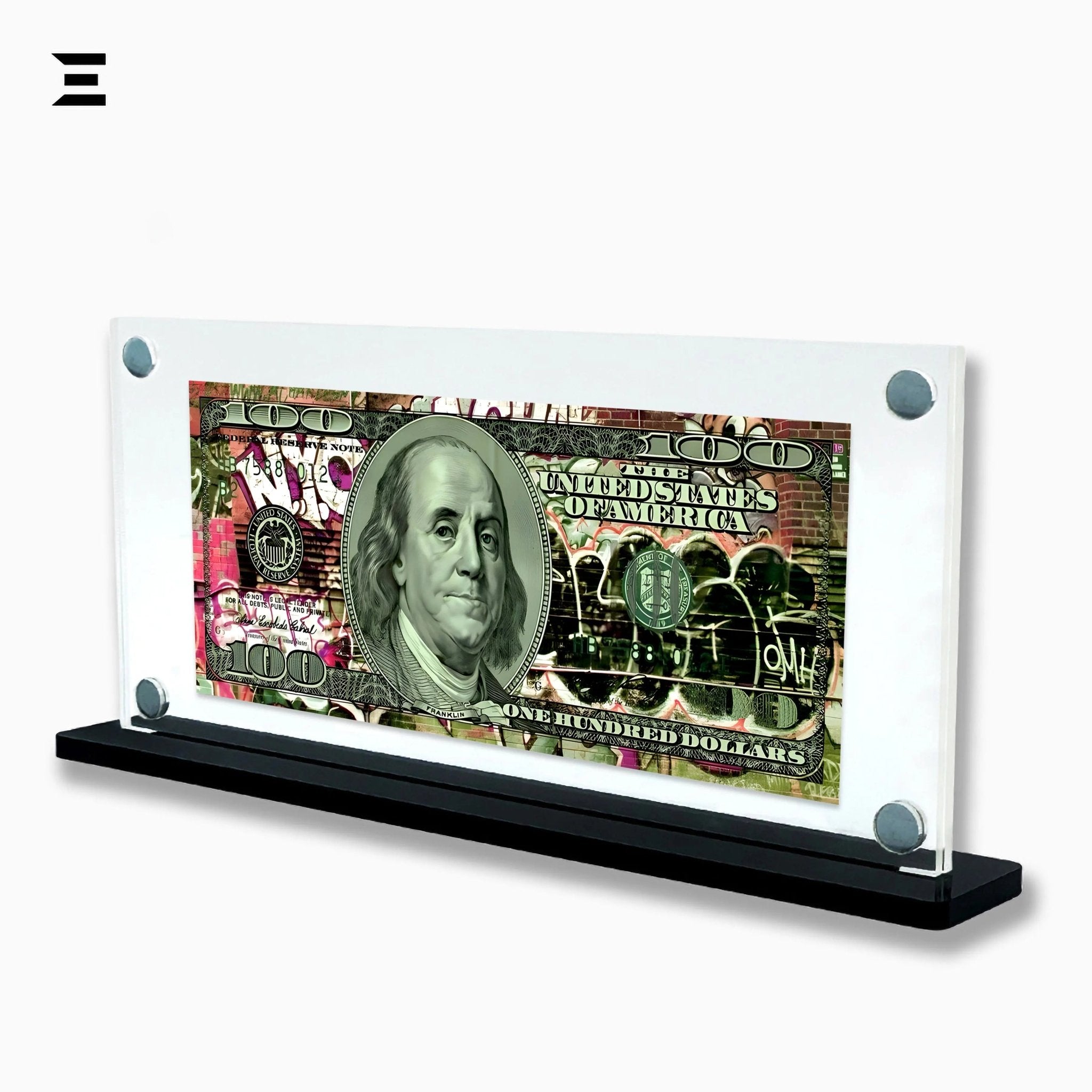 Premium Magnetic Acrylic Frame with Black Base – Benjamin Franklin Graffiti $100 Dollar Art - IBRELIA
