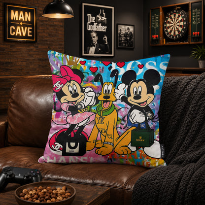Mickey Minnie & Pluto Luxury Pop Art Cushion | Premium Velvet Suede | Double-Sided Print