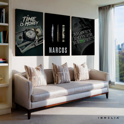 Narcos Money Power Respect 3 Panel 4K Ultra HD Wall Art in Pakistan | IBRELIA™ IBRELIA