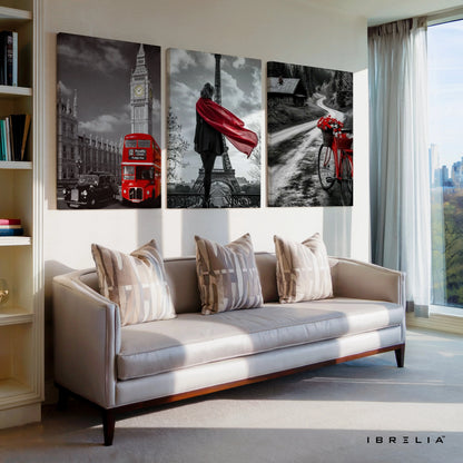 European Red Accent Travel 3 Panel 4K Ultra HD Wall Art in Pakistan | IBRELIA™ IBRELIA