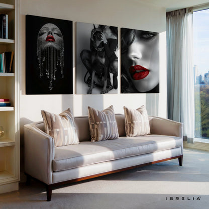 Red Lips Noir Luxury 3 Panel 4K Ultra HD Wall Art in Pakistan | IBRELIA™ IBRELIA