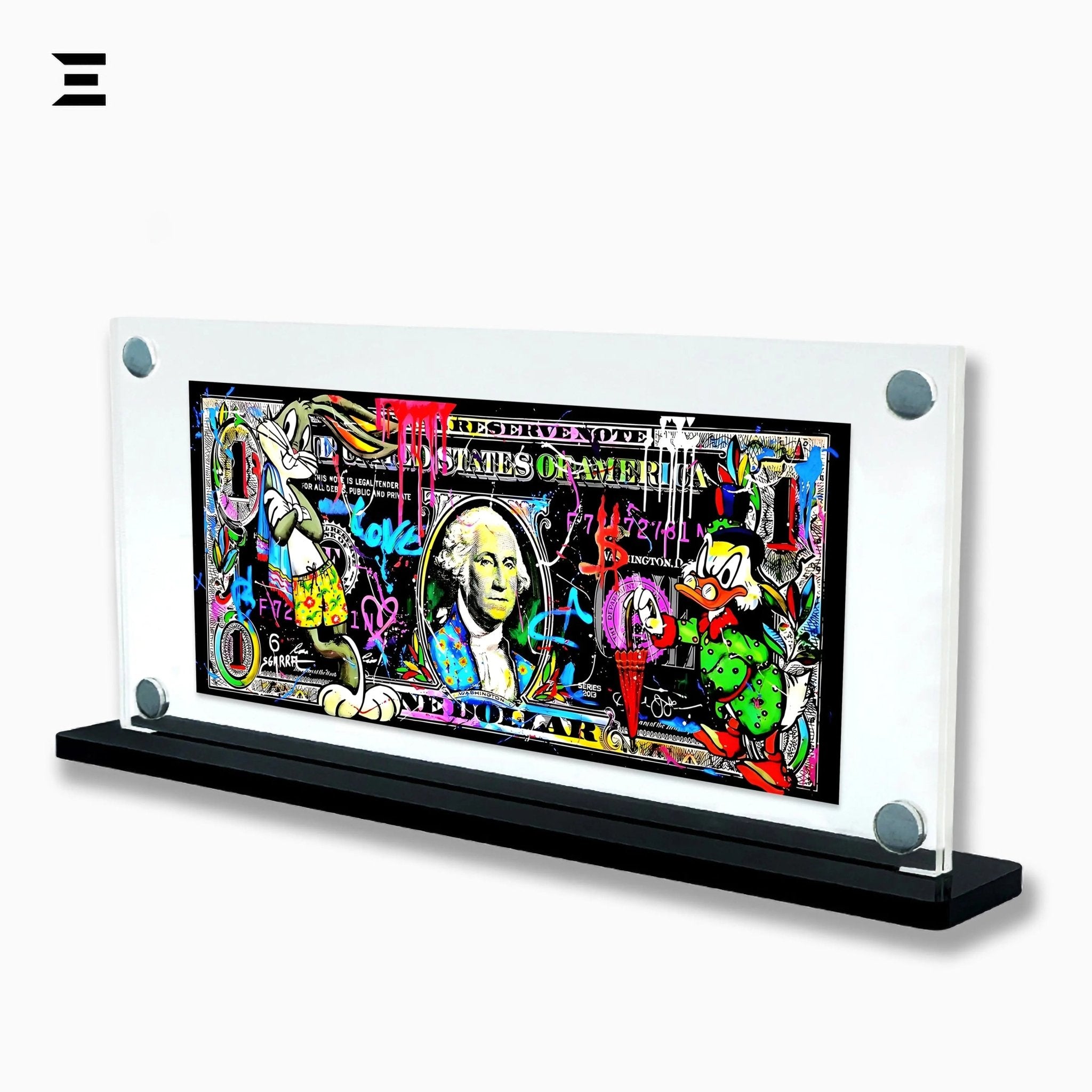 Premium Magnetic Acrylic Frame with Black Base – Bugs Bunny & Scrooge McDuck Graffiti Dollar Pop Art - IBRELIA