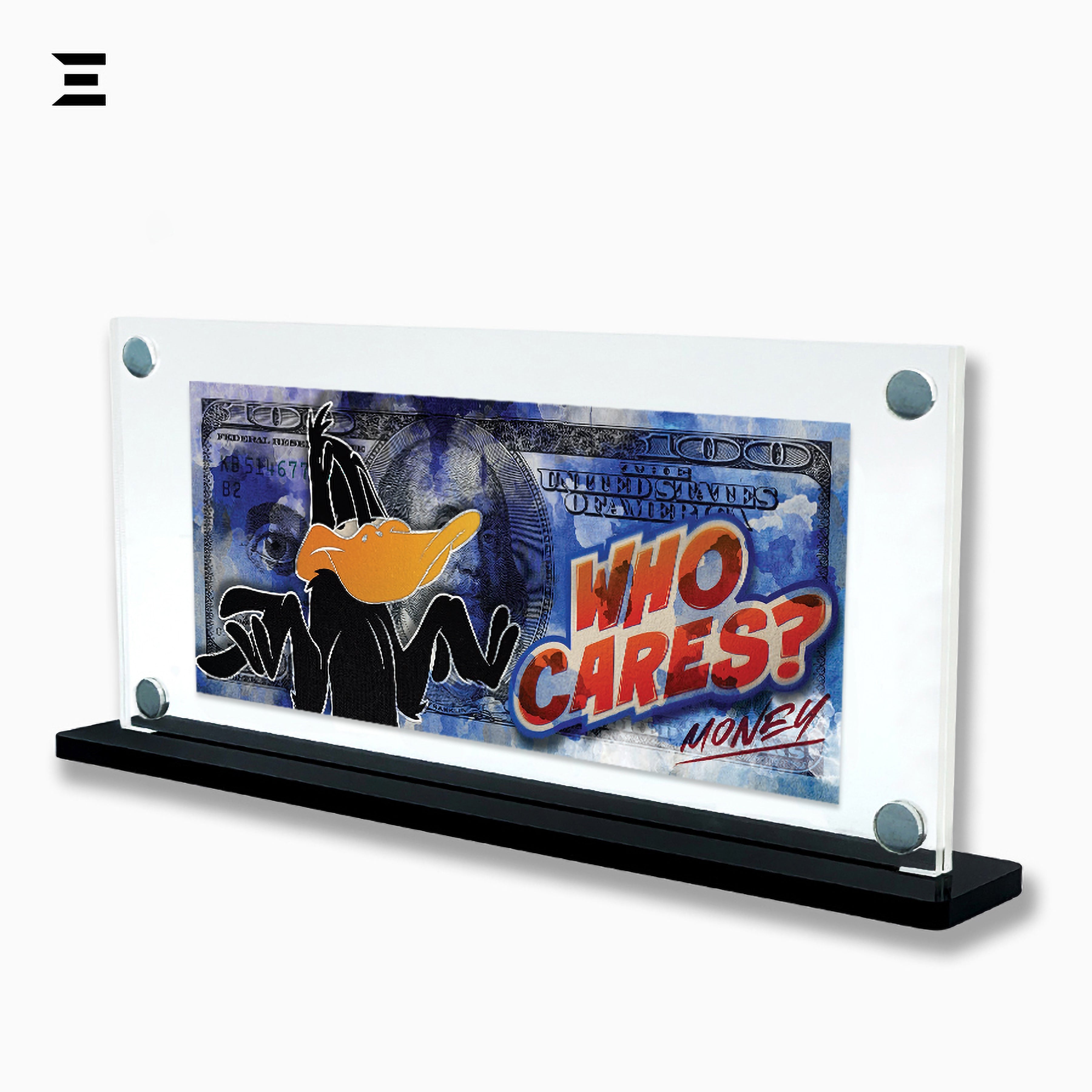 Premium Magnetic Acrylic Frame with Black Base – Daffy Duck “Who Cares? Money” Pop Art IBRELIA