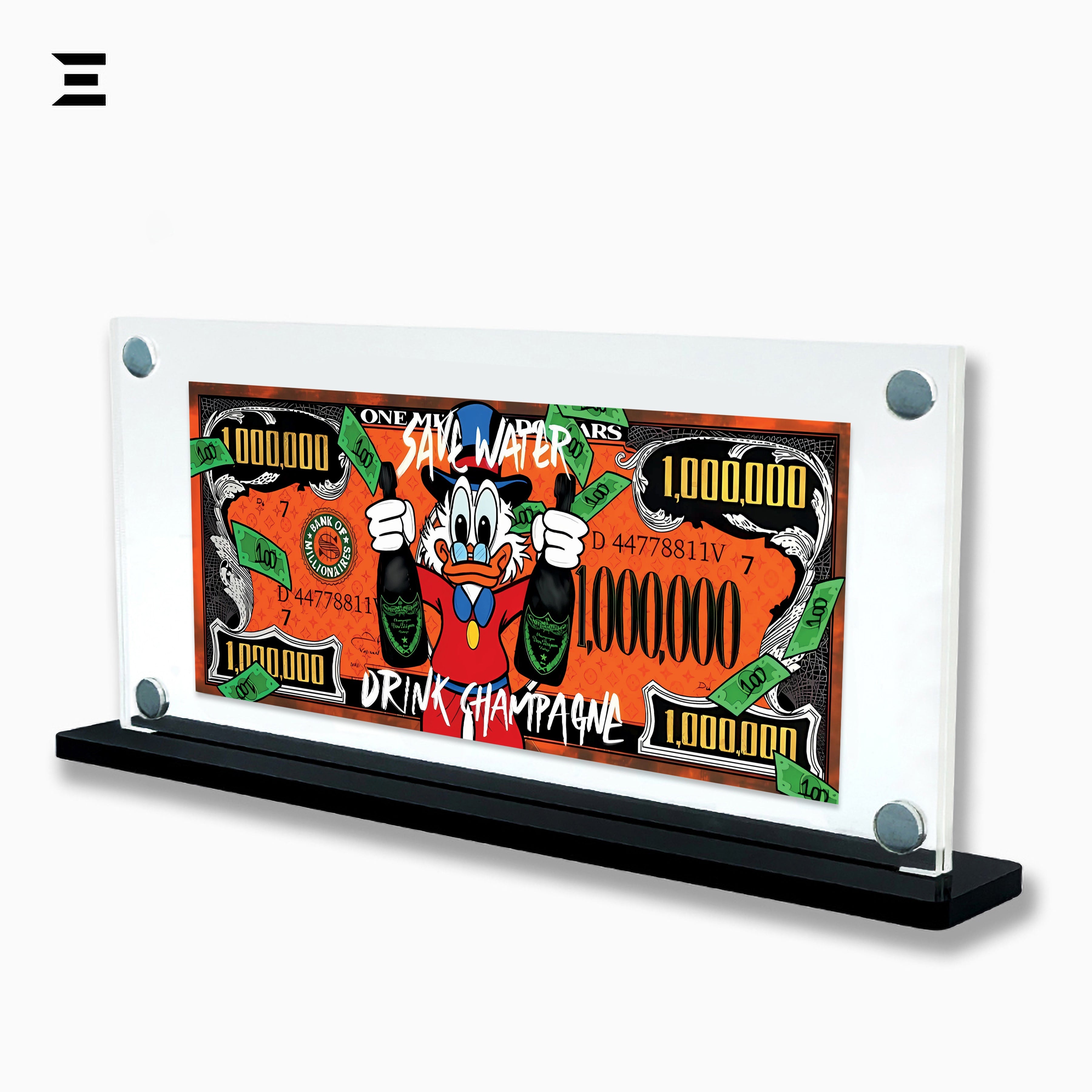 Premium Magnetic Acrylic Frame with Black Base – Scrooge McDuck Champagne Million Dollar Pop Art IBRELIA
