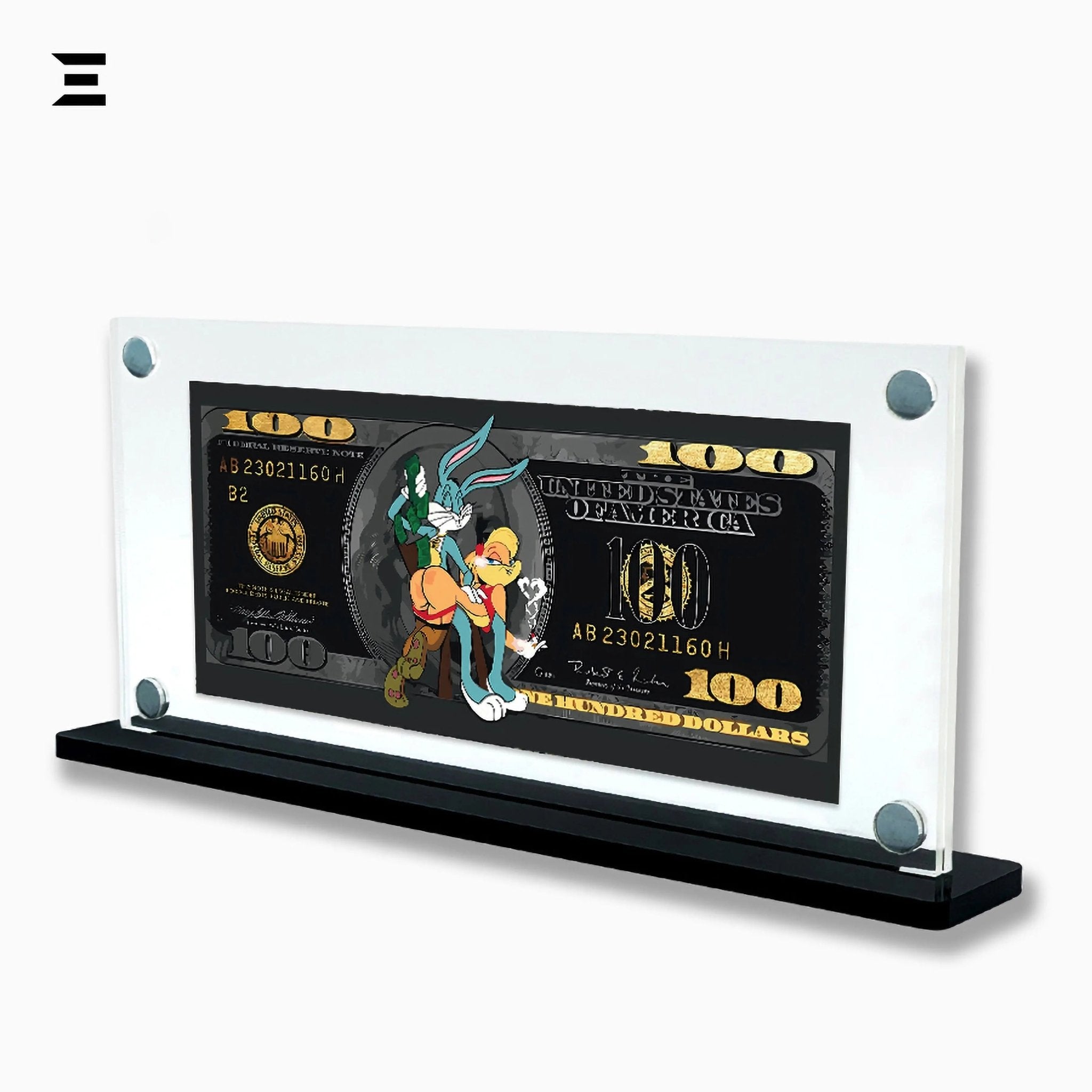 Premium Magnetic Acrylic Frame with Black Base – Bugs Bunny & Lola Bunny $100 Pop Art - IBRELIA