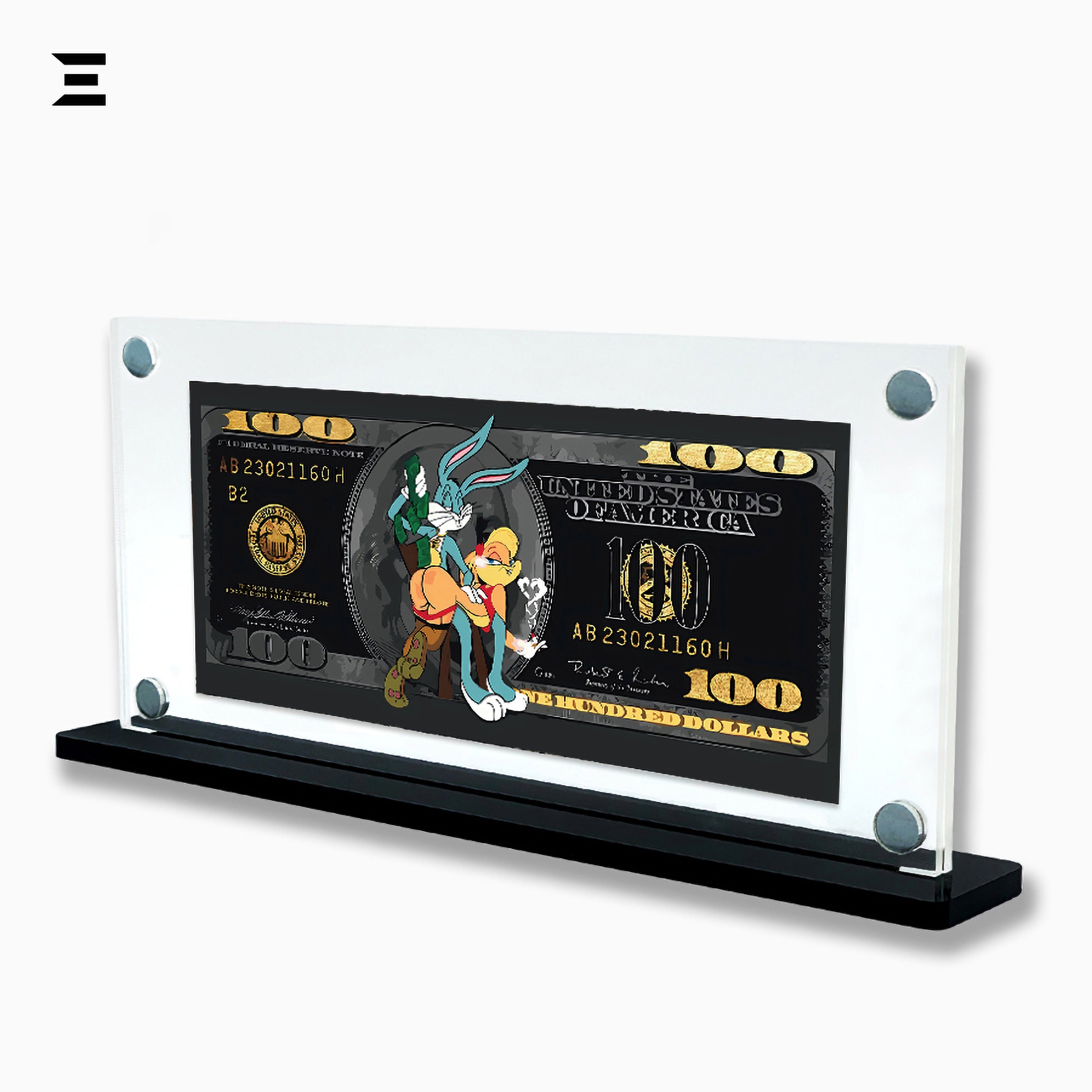 Premium Magnetic Acrylic Frame with Black Base – Bugs Bunny & Lola Bunny $100 Pop Art IBRELIA