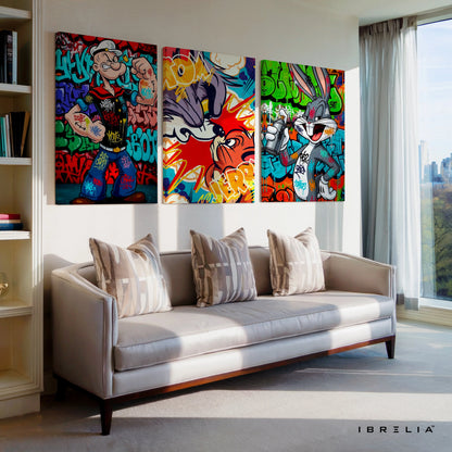 Graffiti Cartoon Legends 3 Panel 4K Ultra HD Wall Art in Pakistan | IBRELIA™ IBRELIA