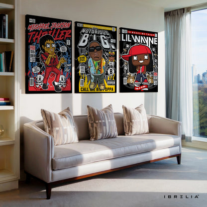 Hip Hop Icons Comic Style 3 Panel 4K Ultra HD Wall Art in Pakistan | IBRELIA™ IBRELIA