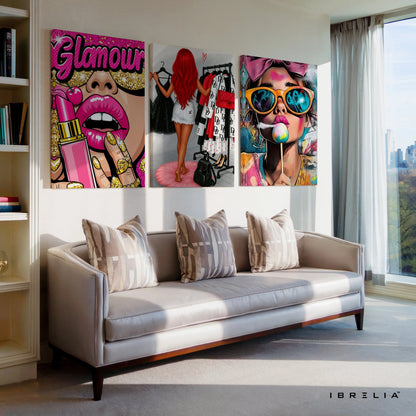 Glamour Fashion Pop Art 3 Panel 4K Ultra HD Wall Art in Pakistan | IBRELIA™ IBRELIA