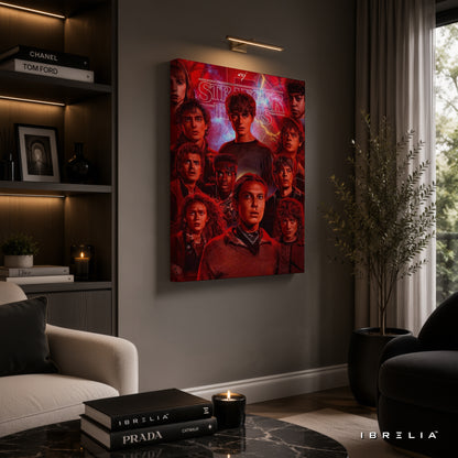Stranger Things Cast Premium Canvas Wall Art – Netflix Series Character Poster | Retro Sci-Fi Horror Canvas Decor | IBRELIA™