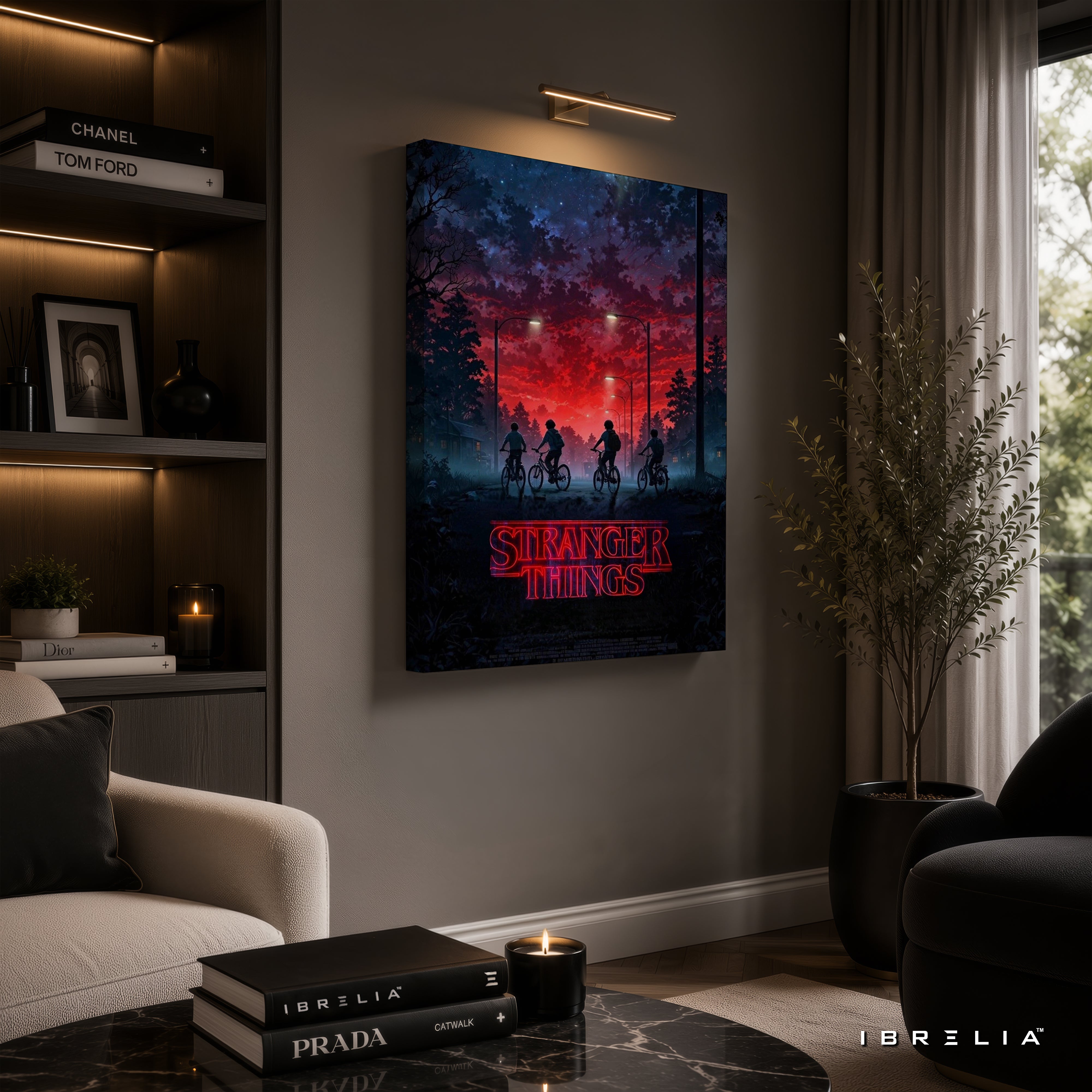 Stranger Things Premium Canvas Wall Art – Hawkins Bicycle Poster | Netflix Series Artwork | Retro Sci-Fi Horror Canvas Decor | IBRELIA™
