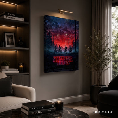 Stranger Things Premium Canvas Wall Art – Hawkins Bicycle Poster | Netflix Series Artwork | Retro Sci-Fi Horror Canvas Decor | IBRELIA™