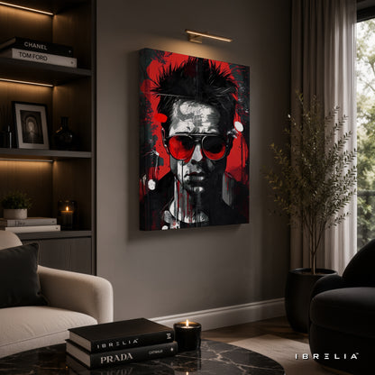 Tyler Durden Abstract Portrait Premium Canvas Wall Art – Fight Club Inspired Modern Movie Artwork | Red & Black Pop Art Decor | IBRELIA™