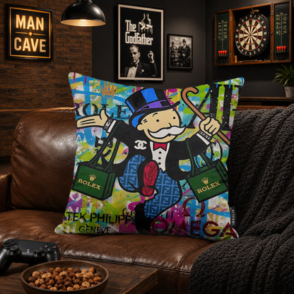 Mr. Monopoly Luxury Shopping Pop Art Cushion | Premium Velvet Suede | Double-Sided Print
