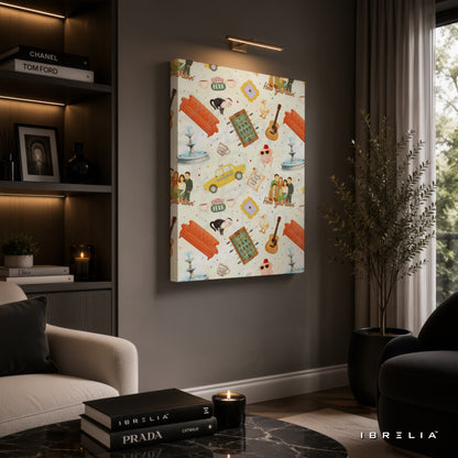 Friends Icons Pattern Canvas Wall Art – Friends TV Show Collage Canvas Print | Central Perk Minimalist Wall Decor | IBRELIA™