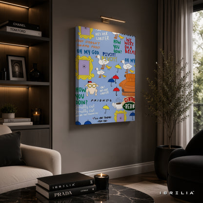 Friends TV Show Icons Canvas Wall Art – Friends Quotes & Symbols Pattern Canvas Print | Sitcom Aesthetic Wall Decor | IBRELIA™
