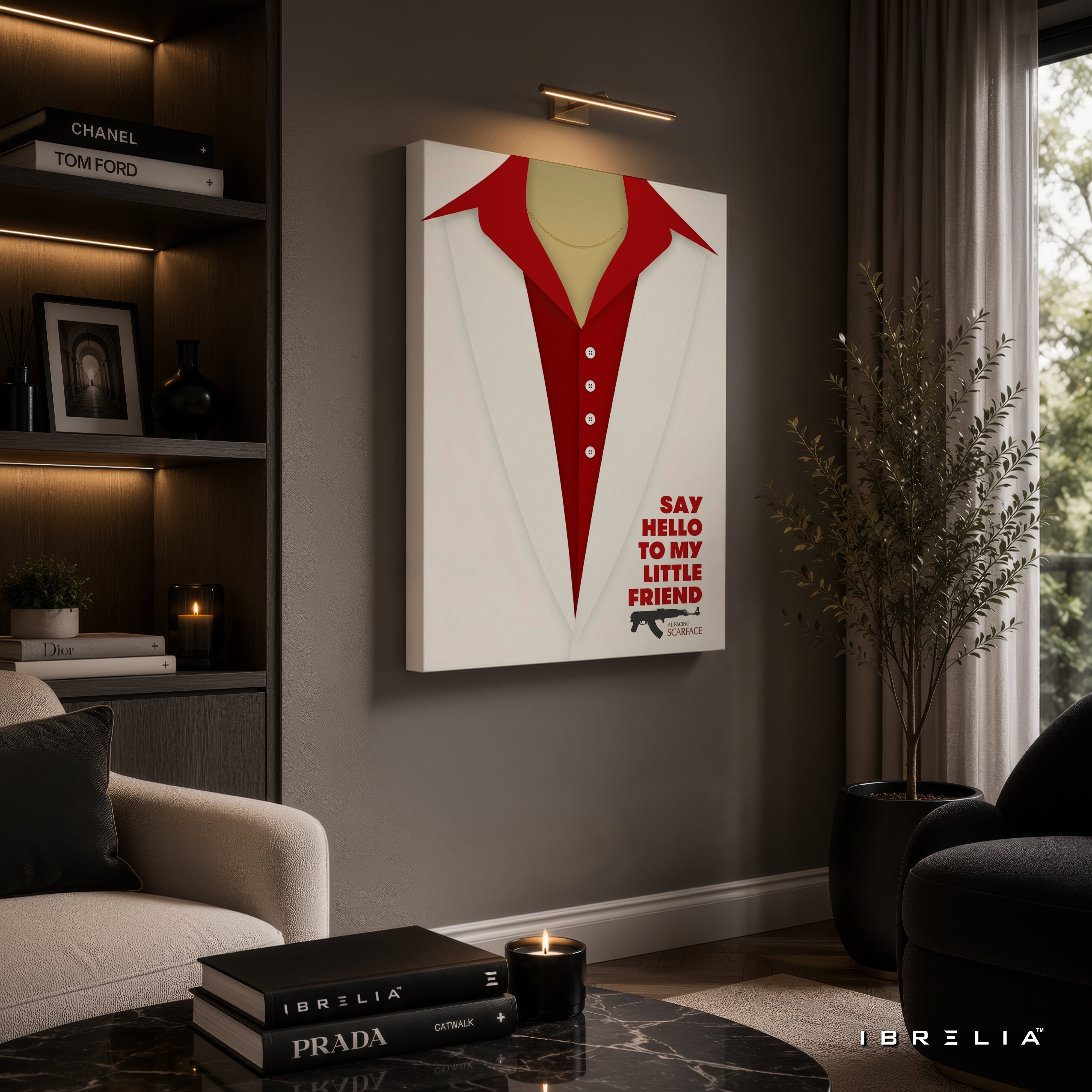 Scarface Minimalist Movie Wall Art – Say Hello To My Little Friend Premium Wrapped MDF Wall Decor | IBRELIA™