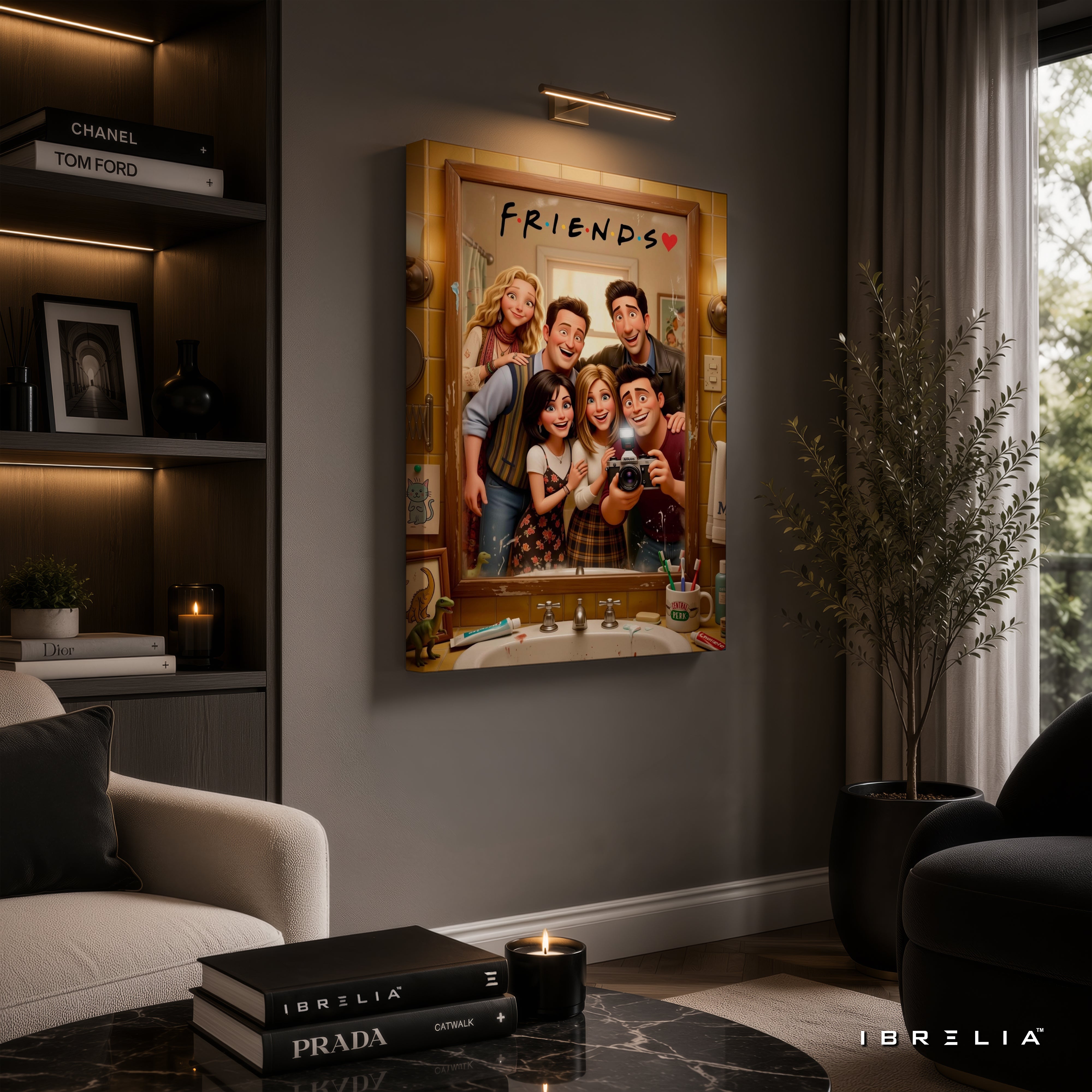 Friends TV Show Cartoon Canvas Wall Art – Cute Friends Mirror Selfie Artwork | Animated Sitcom Canvas Decor | IBRELIA™
