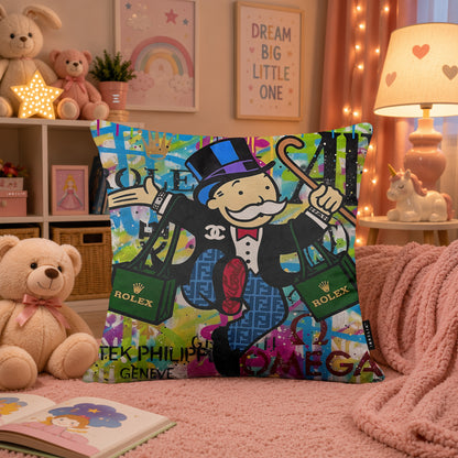 Mr. Monopoly Luxury Shopping Pop Art Cushion | Premium Velvet Suede | Double-Sided Print