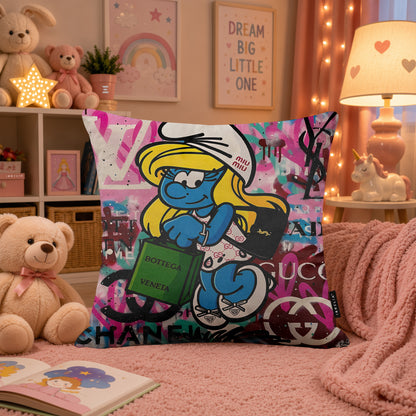 Smurfette Luxury Shopping Pop Art Cushion | Premium Velvet Suede | Double-Sided Print