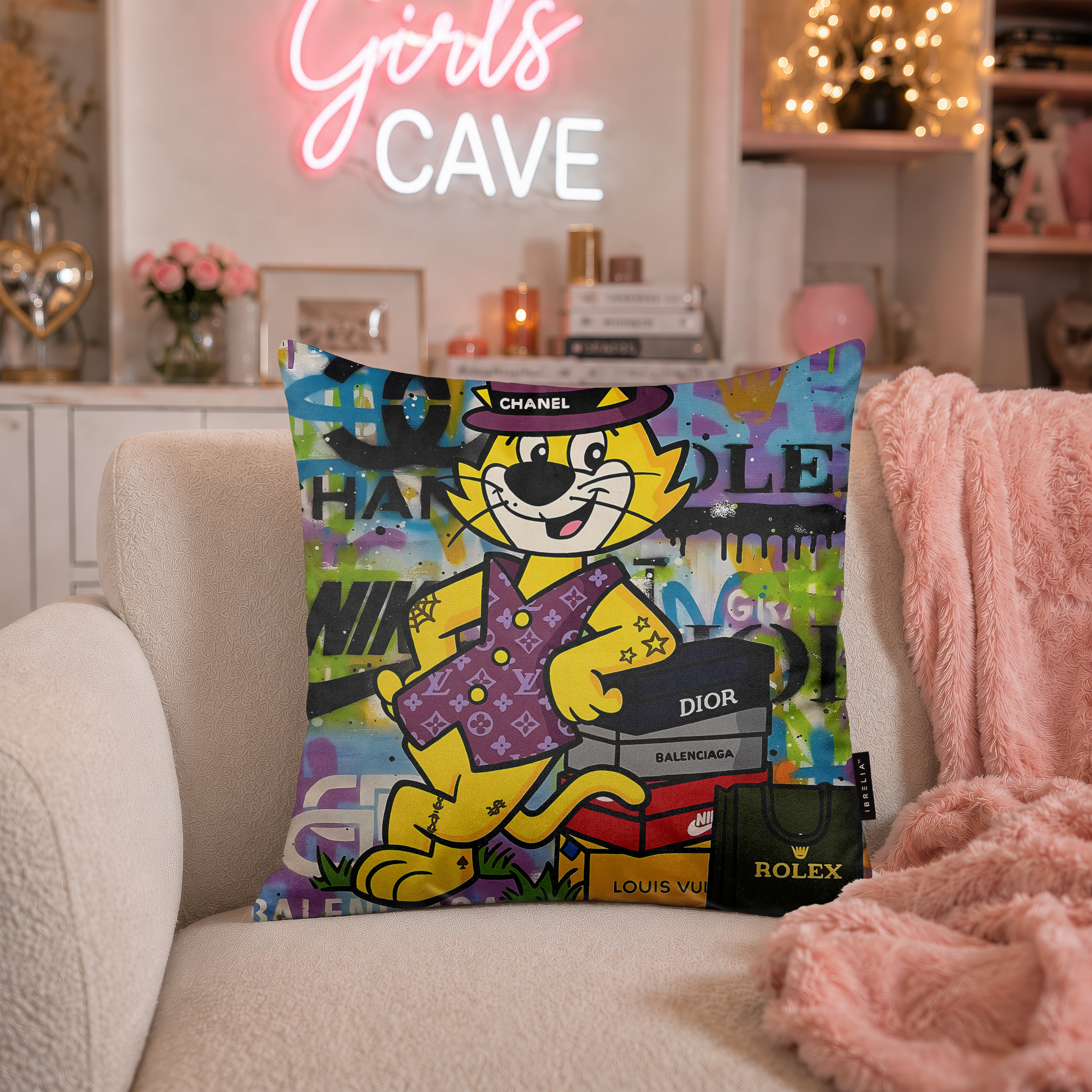 Top Cat Luxury Shopping Pop Art Cushion | Premium Velvet Suede | Double-Sided Print