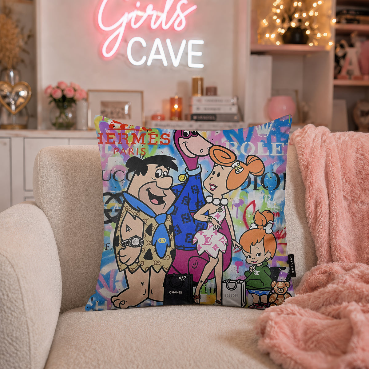 The Flintstones Family Luxury Fashion Pop Art Cushion | Premium Velvet Suede | Double-Sided Print