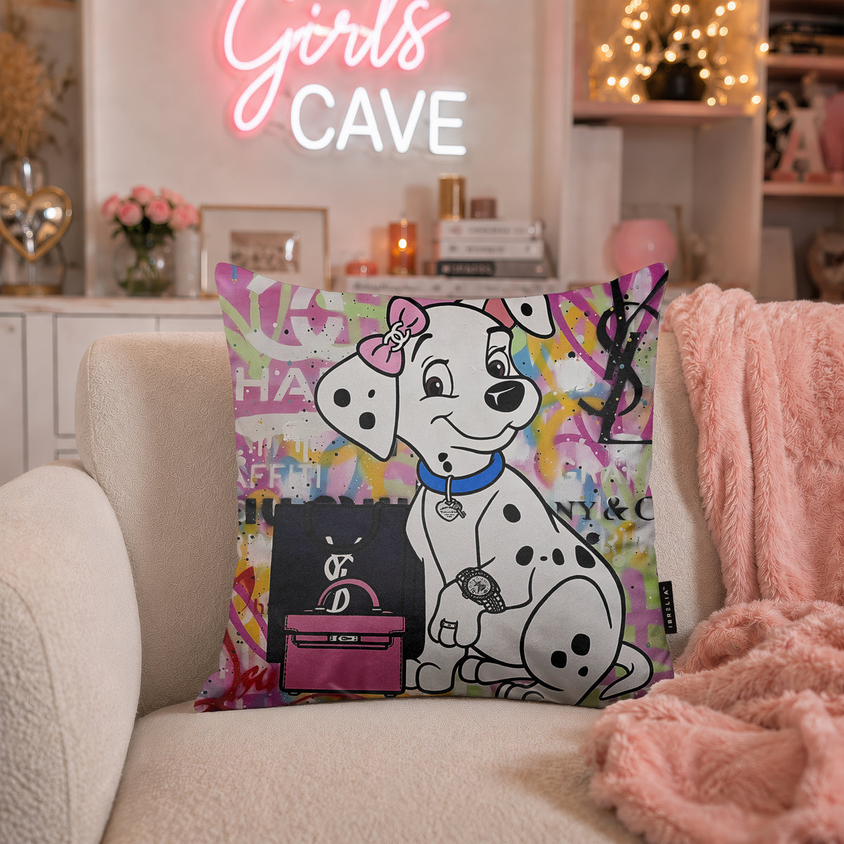 Dalmatian Puppy Luxury Shopping Pop Art Cushion | Premium Velvet Suede | Double-Sided Print