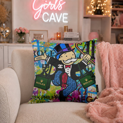 Mr. Monopoly Luxury Shopping Pop Art Cushion | Premium Velvet Suede | Double-Sided Print