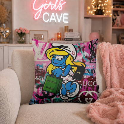 Smurfette Luxury Shopping Pop Art Cushion | Premium Velvet Suede | Double-Sided Print