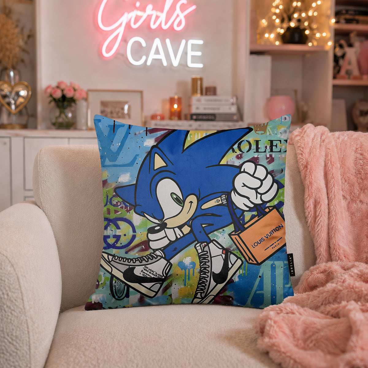 Sonic Luxury Sneaker Shopping Pop Art Cushion | Premium Velvet Suede | Double-Sided Print