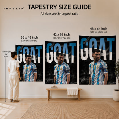 Lionel Messi GOAT Argentina Wall Tapestry | Premium Heavyweight Jute Fabric Wall Hanging