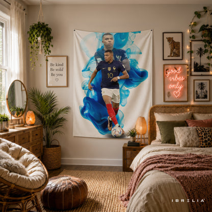 Kylian Mbappé Blue Smoke France Wall Tapestry | Premium Heavyweight Jute Fabric Wall Hanging