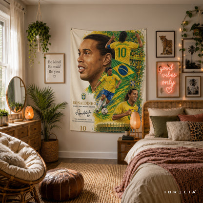 Ronaldinho Brazil Legend Wall Tapestry | Premium Heavyweight Jute Fabric Wall Hanging