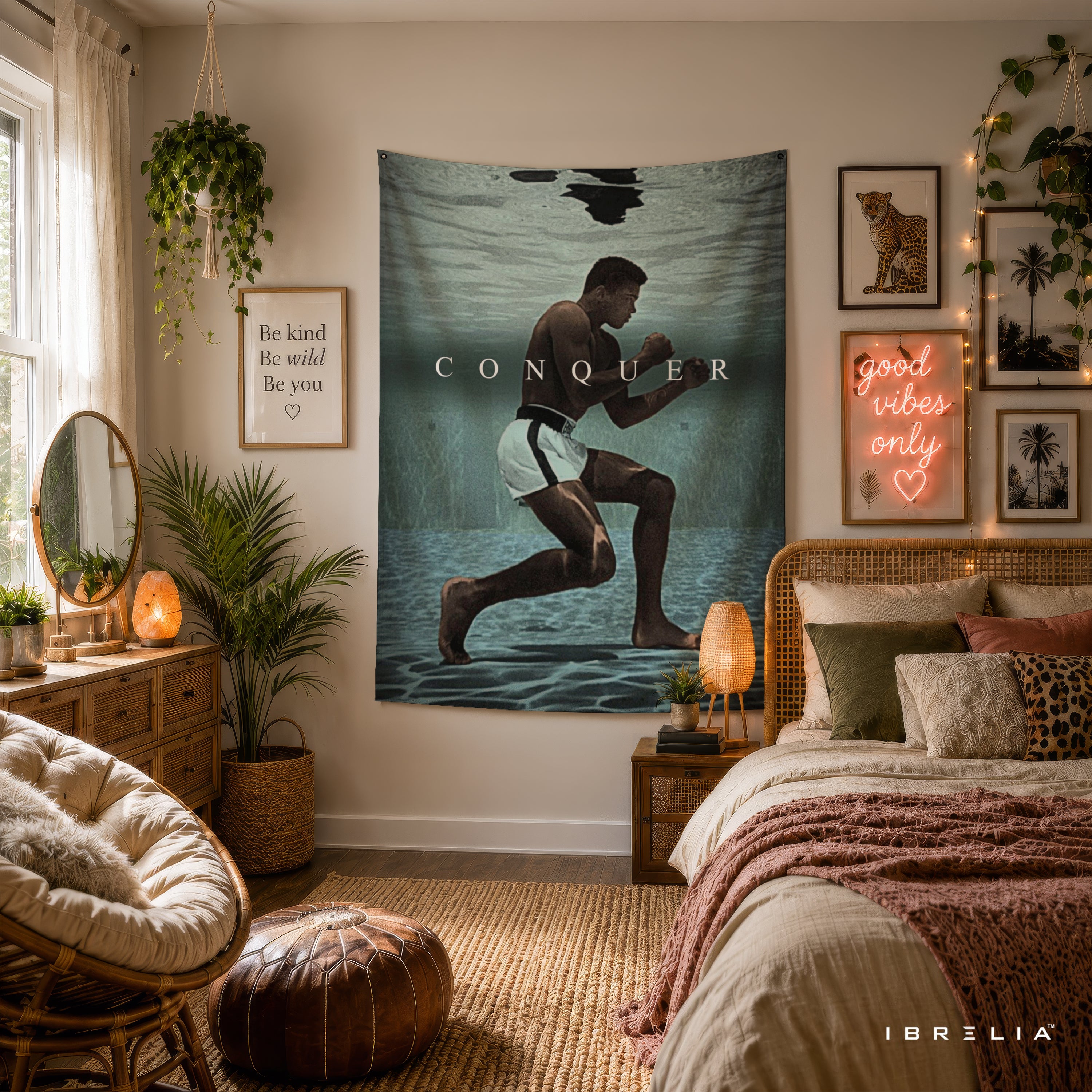 Muhammad Ali Conquer Wall Tapestry | Premium Heavyweight Jute Fabric Wall Hanging