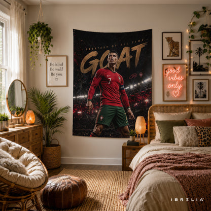 Cristiano Ronaldo GOAT Wall Tapestry | Premium Heavyweight Jute Fabric Wall Hanging