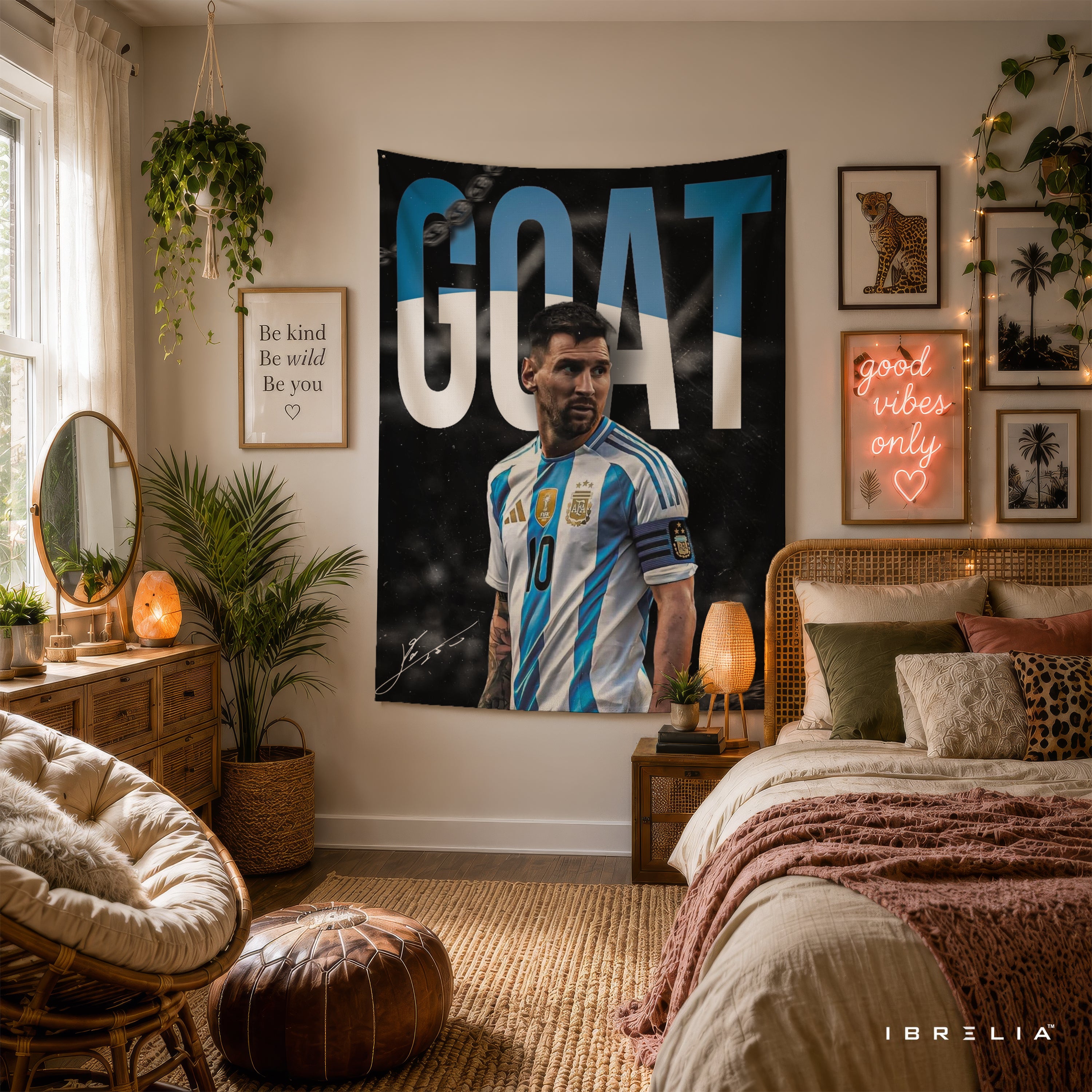 Lionel Messi GOAT Argentina Wall Tapestry | Premium Heavyweight Jute Fabric Wall Hanging
