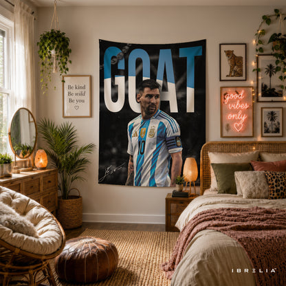Lionel Messi GOAT Argentina Wall Tapestry | Premium Heavyweight Jute Fabric Wall Hanging