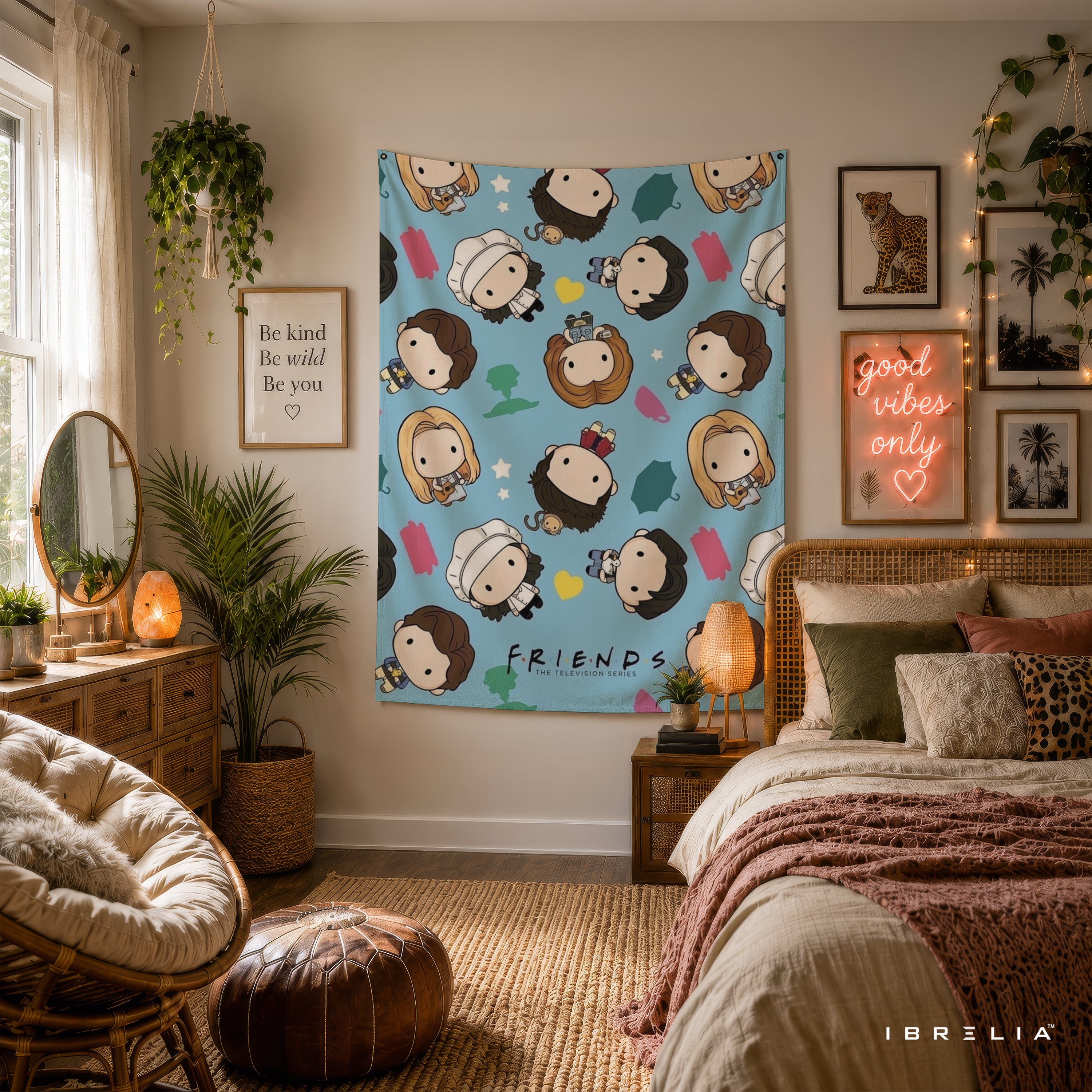 Friends Chibi Characters Wall Tapestry – Cute Cartoon Sitcom Wall Hanging