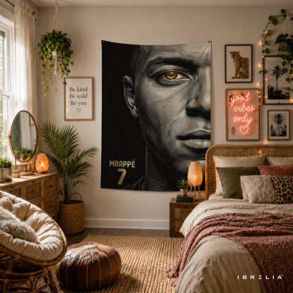 Kylian Mbappé Minimalist Portrait Wall Tapestry | Premium Heavyweight Jute Fabric Wall Hanging
