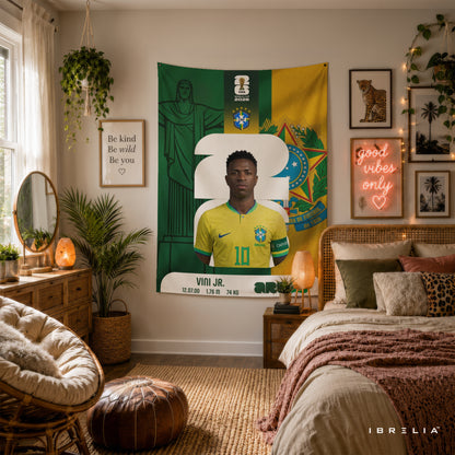 Vinícius Júnior Brazil World Cup 2026 Wall Tapestry | Premium Heavyweight Jute Fabric Wall Hanging