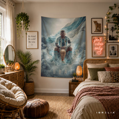 Lionel Messi GOAT World Champion Wall Tapestry | Premium Heavyweight Jute Fabric Wall Hanging