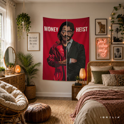 Money Heist Professor Split Design Wall Tapestry | Premium Heavyweight Jute Fabric Wall Hanging
