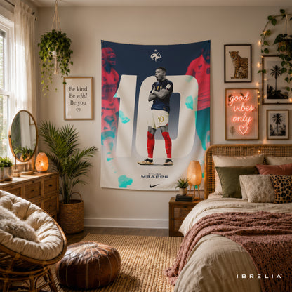 Kylian Mbappé No. 10 France Wall Tapestry | Premium Heavyweight Jute Fabric Wall Hanging