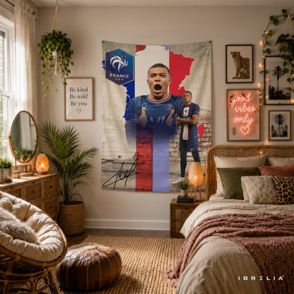 Kylian Mbappé France Champions Wall Tapestry | Premium Heavyweight Jute Fabric Wall Hanging