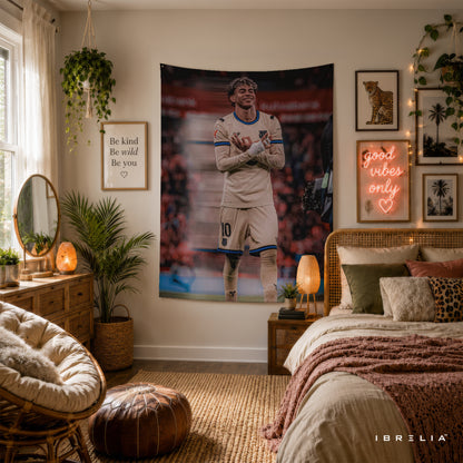 Lamine Yamal Signature Celebration Wall Tapestry | Premium Heavyweight Jute Fabric Wall Hanging